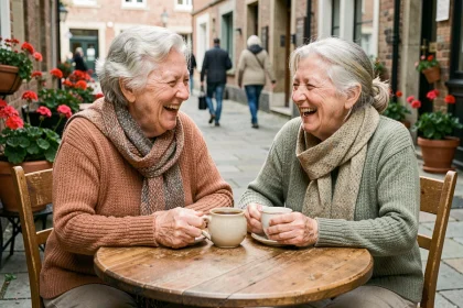 Deux femmes âgées rient ensemble autour d'un thé en terrasse, illustrant l'importance des liens sociaux pour la santé mentale des aînés