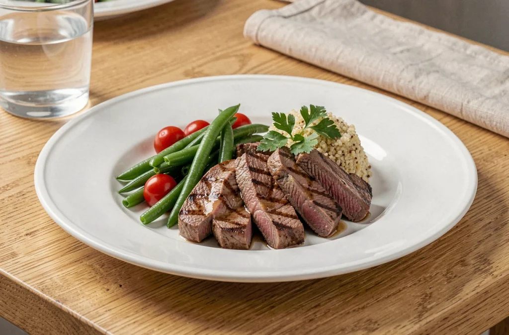 Assiette équilibrée avec viande rouge maigre grillée, légumes et quinoa pour programme minceur 2026