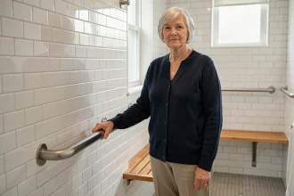 Femme senior tenant une barre d'appui dans une salle de bain adaptée pour l'autonomie à domicile