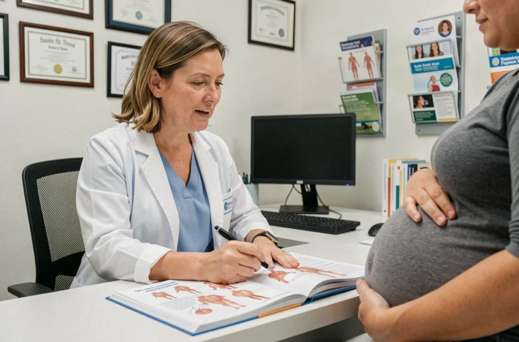 Consultation médicale entre une obstétricienne et une femme enceinte concernant les risques et précautions liés à une morsure de mygale