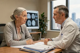 Consultation neurologique pour leucopathie vasculaire : patiente âgée en discussion avec son neurologue devant une IRM cérébrale