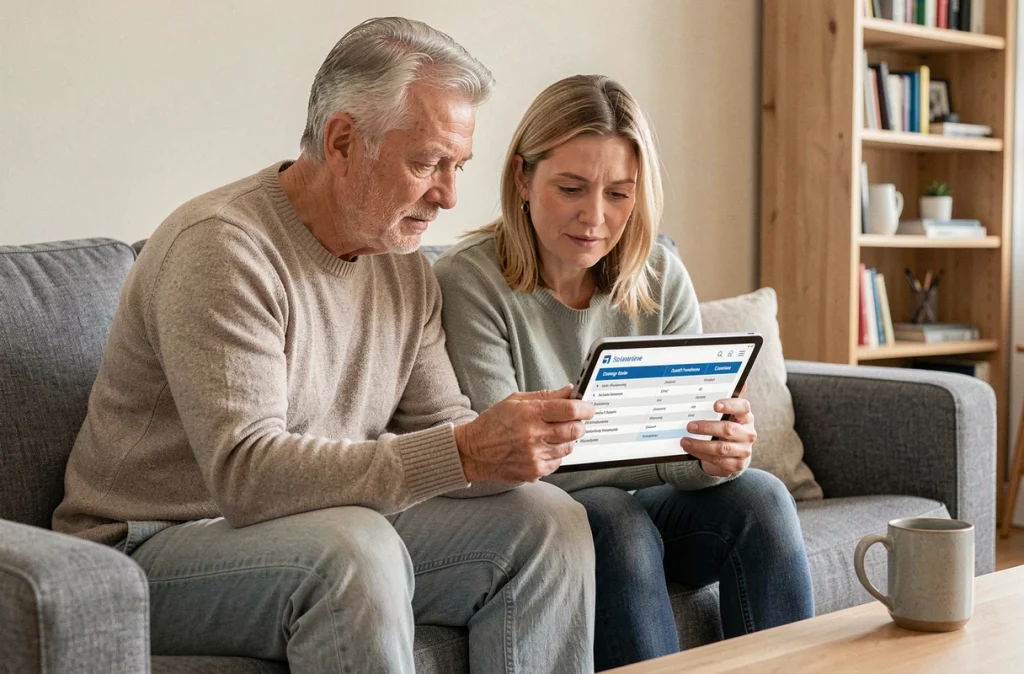 Couple consultant le tableau de garanties de leur mutuelle santé sur une tablette numérique