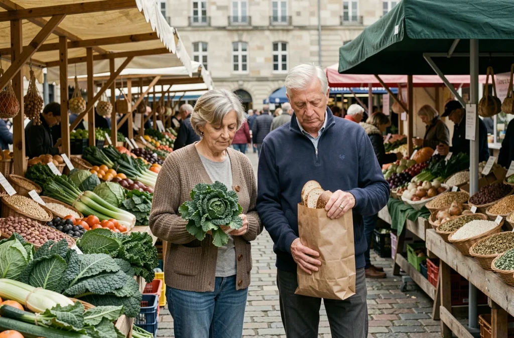 Couple de seniors choisissant des légumes riches en fibres et du pain complet au marché fermier en plein air
