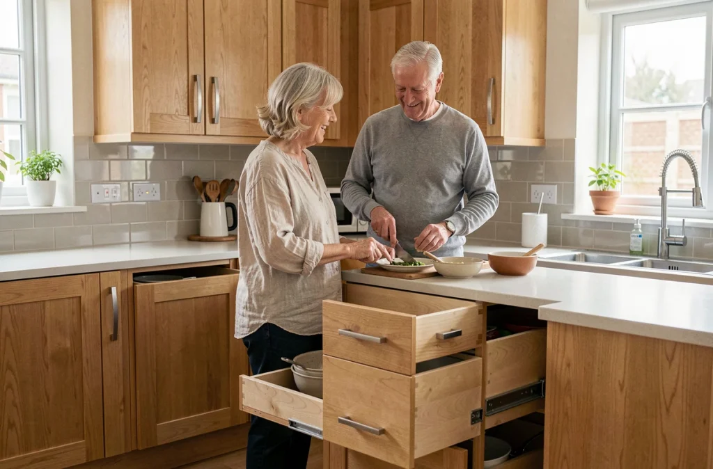 Couple de seniors dans une cuisine aménagée et adaptée pour favoriser l'autonomie au quotidien