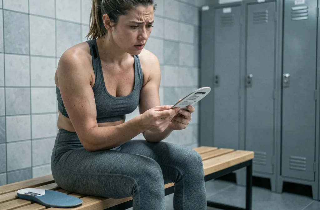 Sportive confuse lisant les instructions d'une semelle Akusoli dans un vestiaire de salle de sport