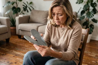 Femme utilisant mal des semelles orthopédiques Akusoli à la maison, expression confuse