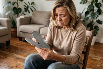 Femme utilisant mal des semelles orthopédiques Akusoli à la maison, expression confuse