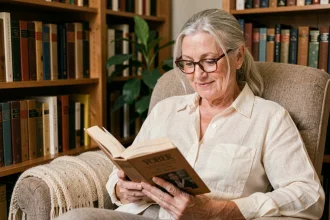 Femme âgée lisant un livre dans une bibliothèque à domicile, stimulation cognitive et mémoire