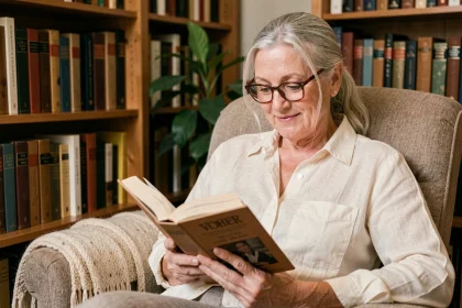 Femme âgée lisant un livre dans une bibliothèque à domicile, stimulation cognitive et mémoire