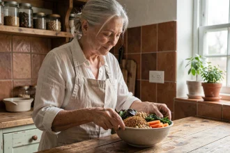Femme âgée préparant un repas riche en fibres avec légumineuses et légumes frais dans une cuisine rustique