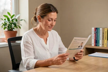 Femme d'une cinquantaine d'années lisant une notice médicale dans un cabinet médical calme, illustrant la prise d'information sur le colpotrophine ovule