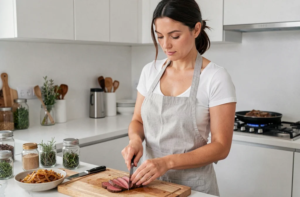 Femme préparant un filet de bœuf maigre en cuisine pour un repas minceur équilibré