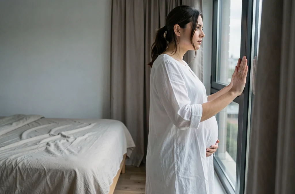Femme enceinte debout près d'une fenêtre dans une chambre calme, regard perdu dans le vide, évoquant l'anxiété et le stress prénatal