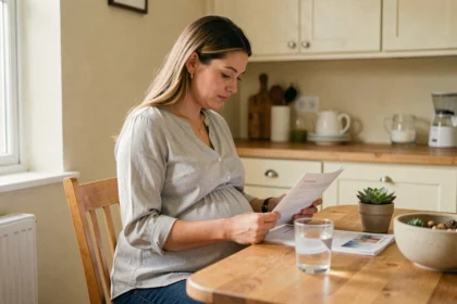 Femme enceinte consultant des documents médicaux sur les précautions à prendre en cas de morsure de mygale pendant la grossesse