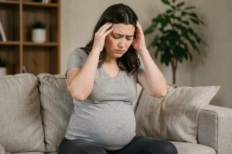 Femme enceinte stressée assise sur un canapé, les mains sur les tempes, illustrant les effets du stress pendant la grossesse