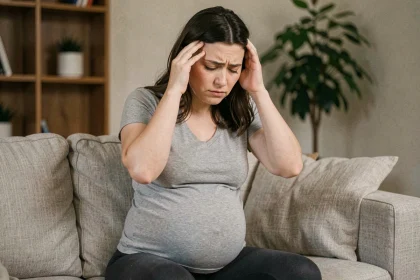 Femme enceinte stressée assise sur un canapé, les mains sur les tempes, illustrant les effets du stress pendant la grossesse