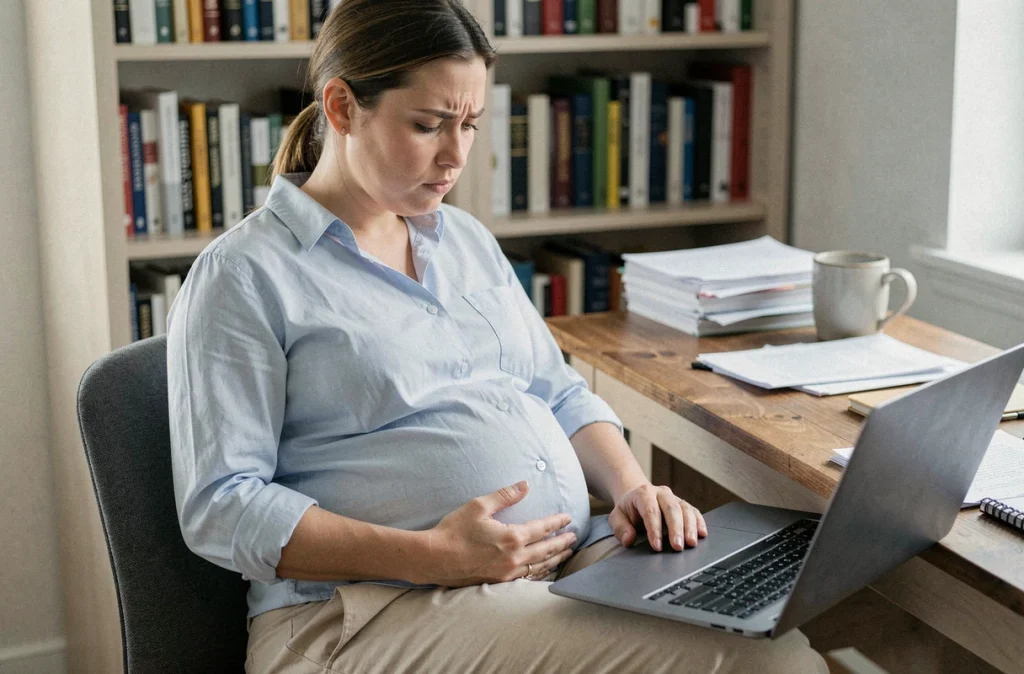 Femme enceinte sous pression au travail devant un ordinateur portable, illustrant le stress professionnel pendant la grossesse