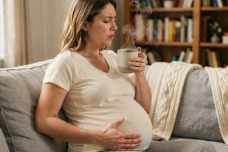 Femme enceinte assise sur un canapé tenant une tasse de tisane pour calmer une quinte de toux pendant la grossesse