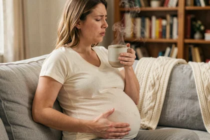 Femme enceinte assise sur un canapé tenant une tasse de tisane pour calmer une quinte de toux pendant la grossesse