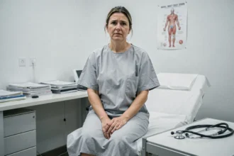 Femme fatiguée assise dans un cabinet médical illustrant les symptômes du Covid long après un nouveau variant