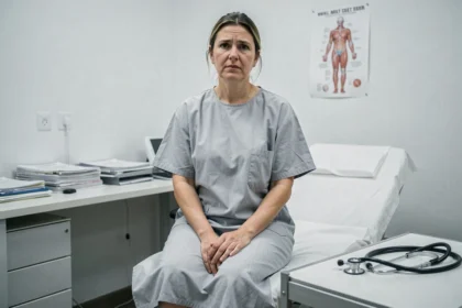 Femme fatiguée assise dans un cabinet médical illustrant les symptômes du Covid long après un nouveau variant