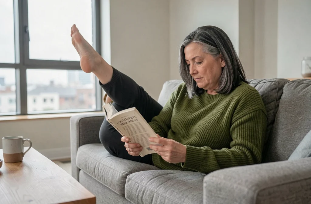 Femme d'âge moyen lisant allongée sur un canapé, habitudes de lecture et santé cérébrale