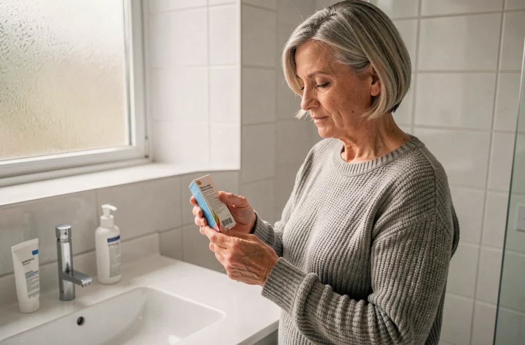 Femme mature examinant une boîte de traitement gynécologique dans sa salle de bain, illustrant la gestion sereine d'un traitement local à base d'estrogènes