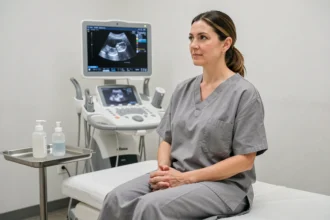 Femme en blouse médicale assise sur une table d'examen avant une échographie abdominale à jeun