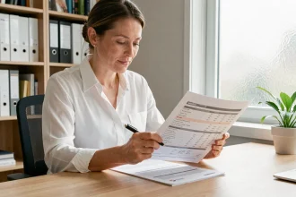 Femme consultant son tableau de garanties santé NoveoCare sur un bureau moderne à domicile