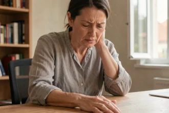Femme ressentant des fourmillements dans la main droite et une tension dans la nuque, assise à un bureau en bois