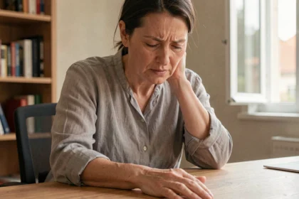 Femme ressentant des fourmillements dans la main droite et une tension dans la nuque, assise à un bureau en bois