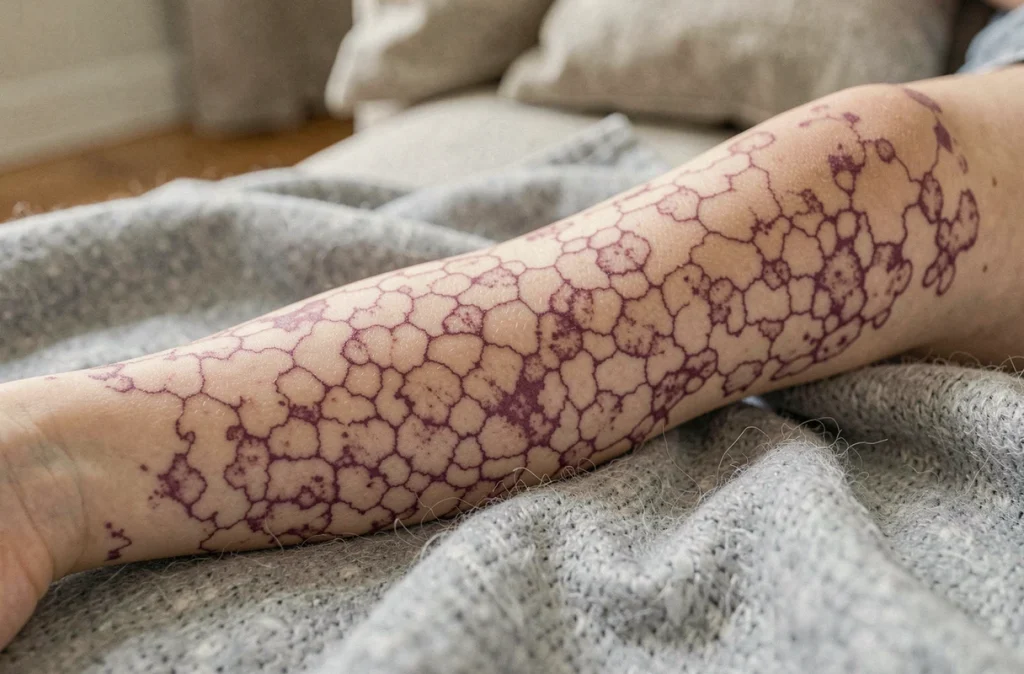 Gros plan sur les jambes d'un enfant présentant des marbrures cutanées caractéristiques