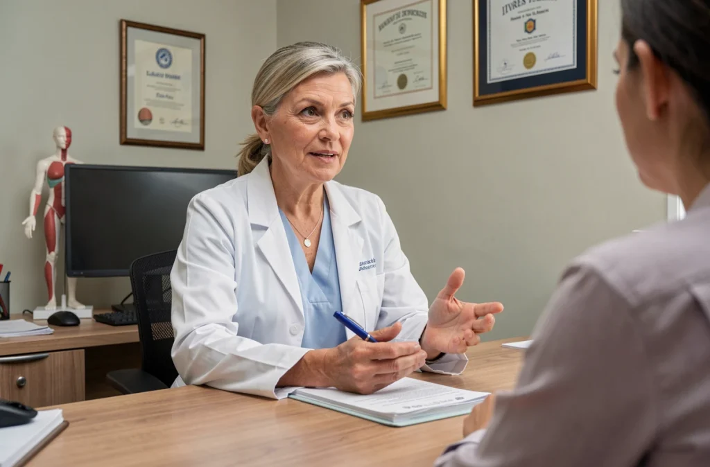 Gynécologue expliquant un traitement hormonal local à une patiente lors d'une consultation médicale bienveillante