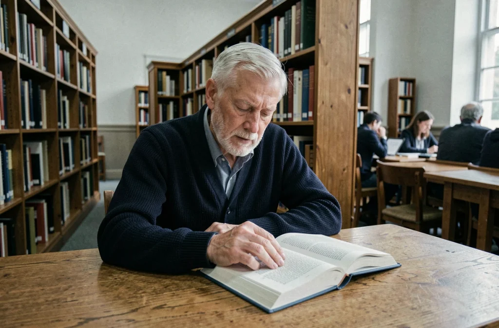 Homme âgé concentré sur sa lecture dans une bibliothèque publique, vieillissement cérébral et cognition
