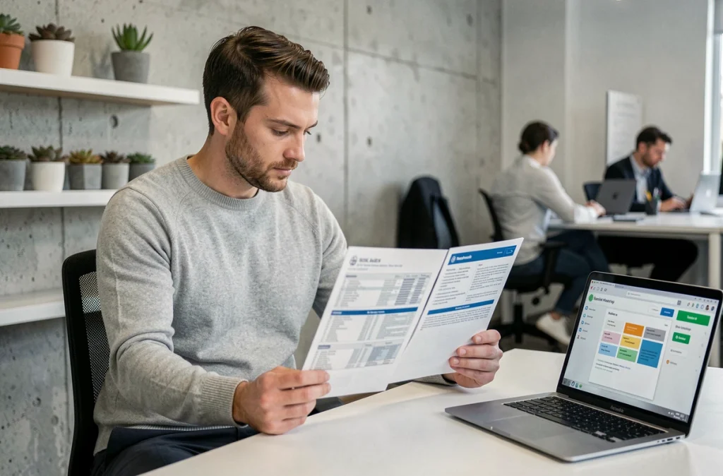Homme comparant deux tableaux de garanties mutuelle santé dans un espace de coworking moderne
