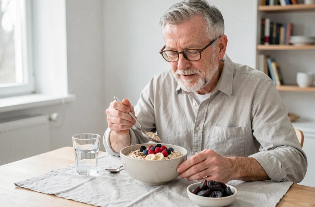 Homme senior dégustant un petit-déjeuner à base de flocons d'avoine et de fruits riches en fibres à table