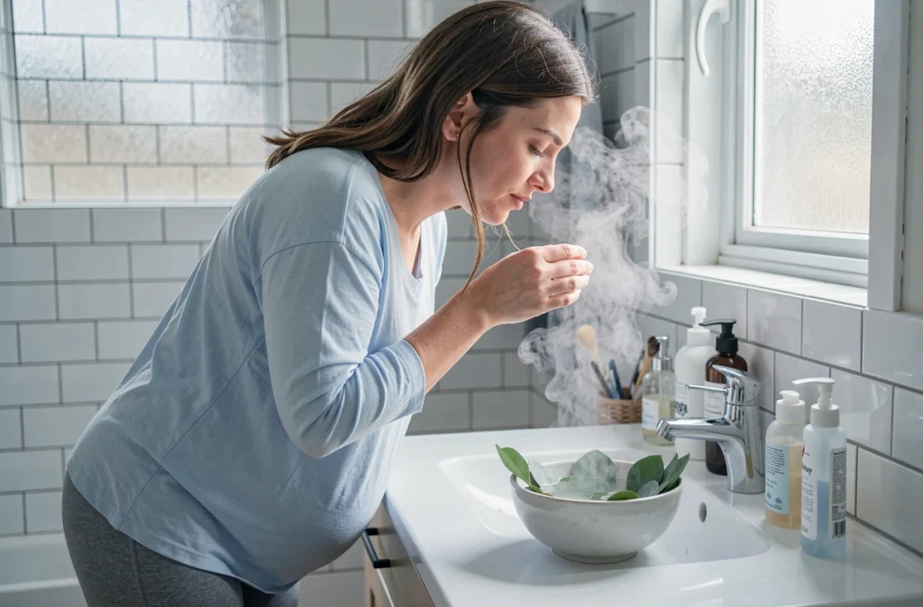 Femme enceinte pratiquant une inhalation de vapeur d'eucalyptus pour soulager la toux pendant la grossesse