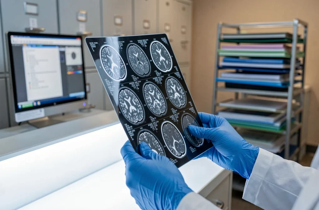 IRM cérébrale montrant des lésions de leucopathie vasculaire grade 2 tenues par un radiologue en salle de lecture