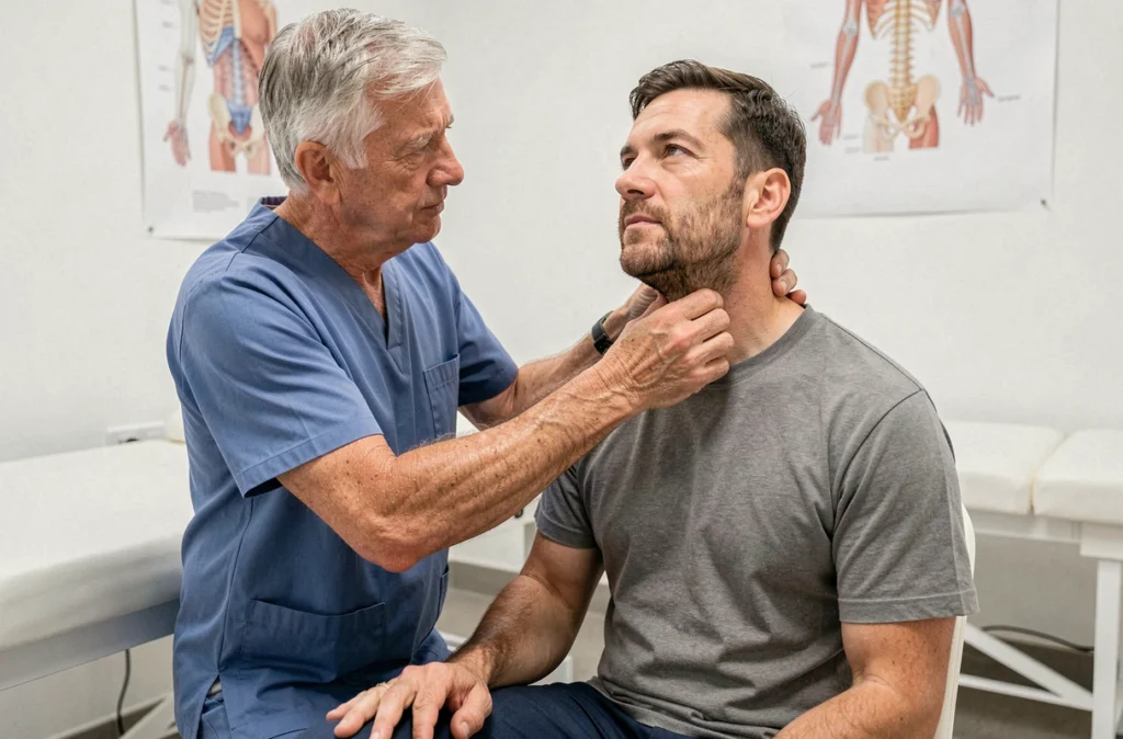 Kinésithérapeute examinant la nuque d'un patient souffrant de fourmillements dans la main droite lors d'une consultation