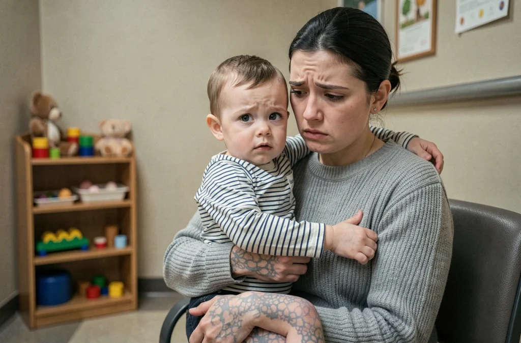 Mère inquiète tenant son enfant aux jambes marbrées dans une salle d'attente pédiatrique