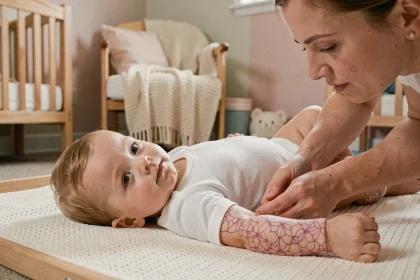 Parent examinant les marbrures cutanées sur le bras d'un nourrisson dans une chambre de bébé