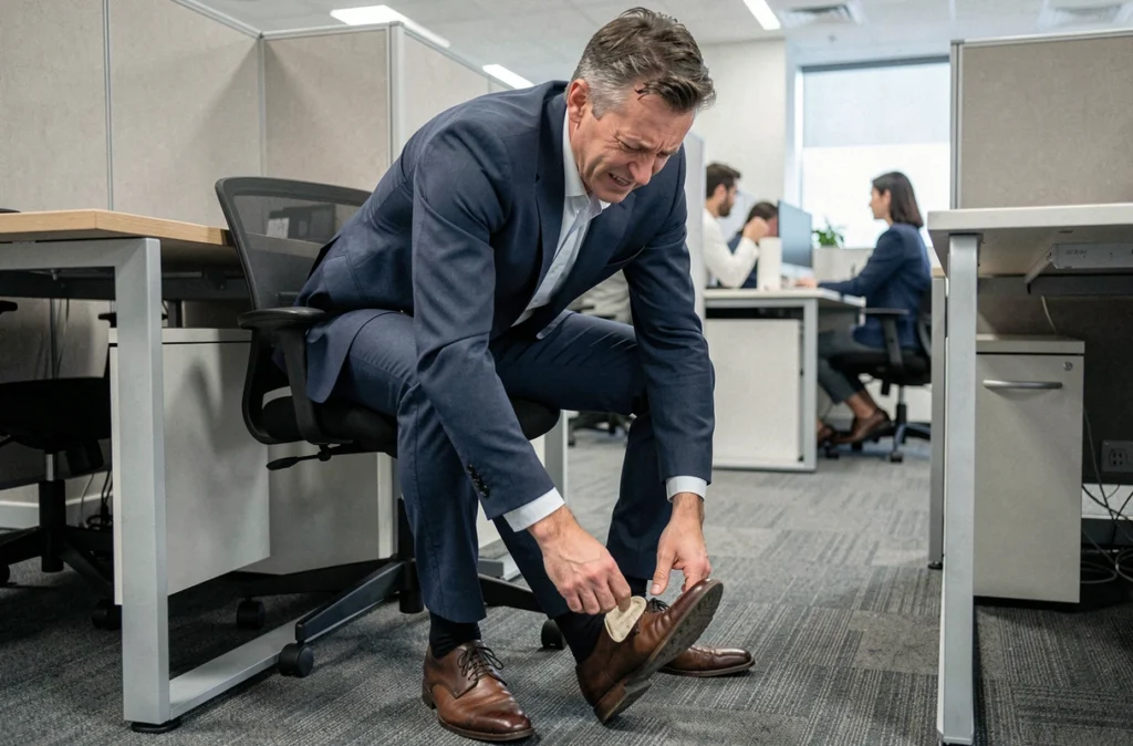 Homme en bureau souffrant d'une mauvaise utilisation de semelles Akusoli dans ses chaussures