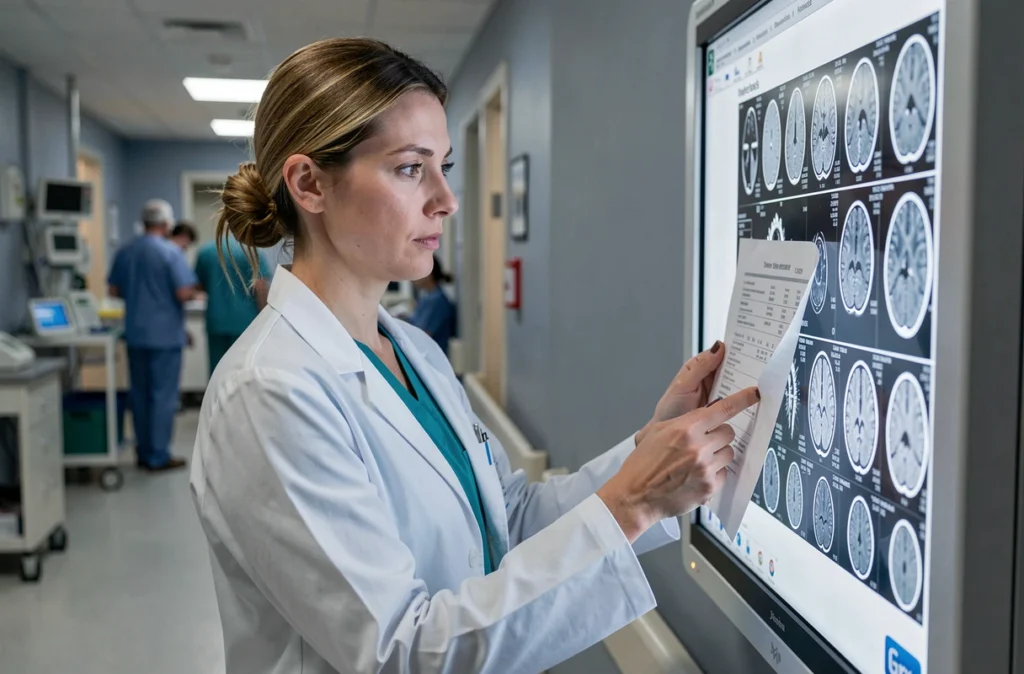 Médecin femme analysant des images médicales en milieu hospitalier dans le contexte des formes longues du Covid