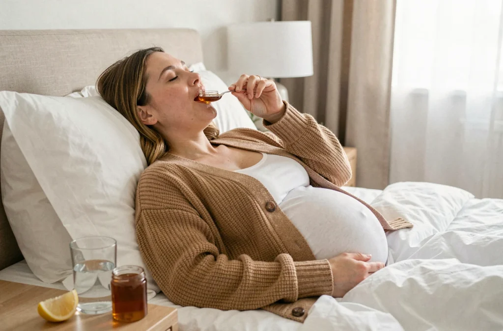 Femme enceinte allongée dans son lit prenant une cuillère de miel naturel pour apaiser la toux en cours de grossesse