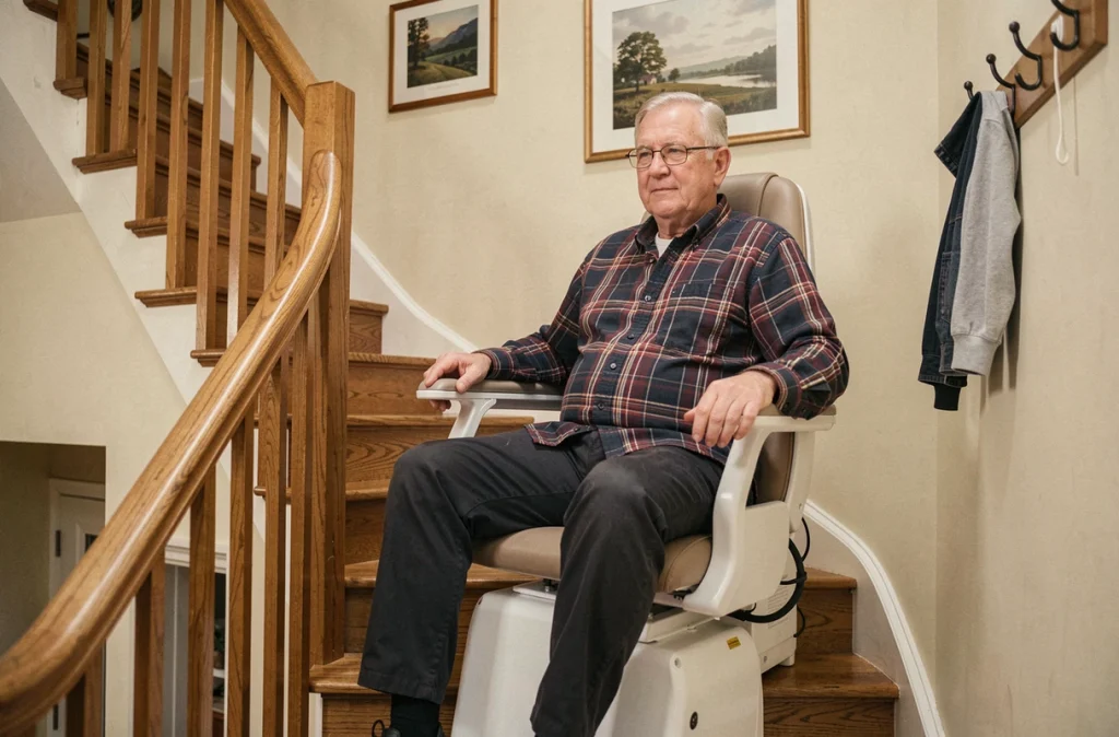 Homme senior utilisant un monte-escalier à domicile pour préserver son autonomie