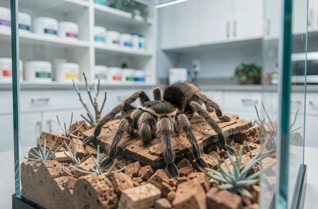 Mygale dans un terrarium en verre dans une clinique vétérinaire spécialisée en animaux exotiques, contexte de précautions sanitaires