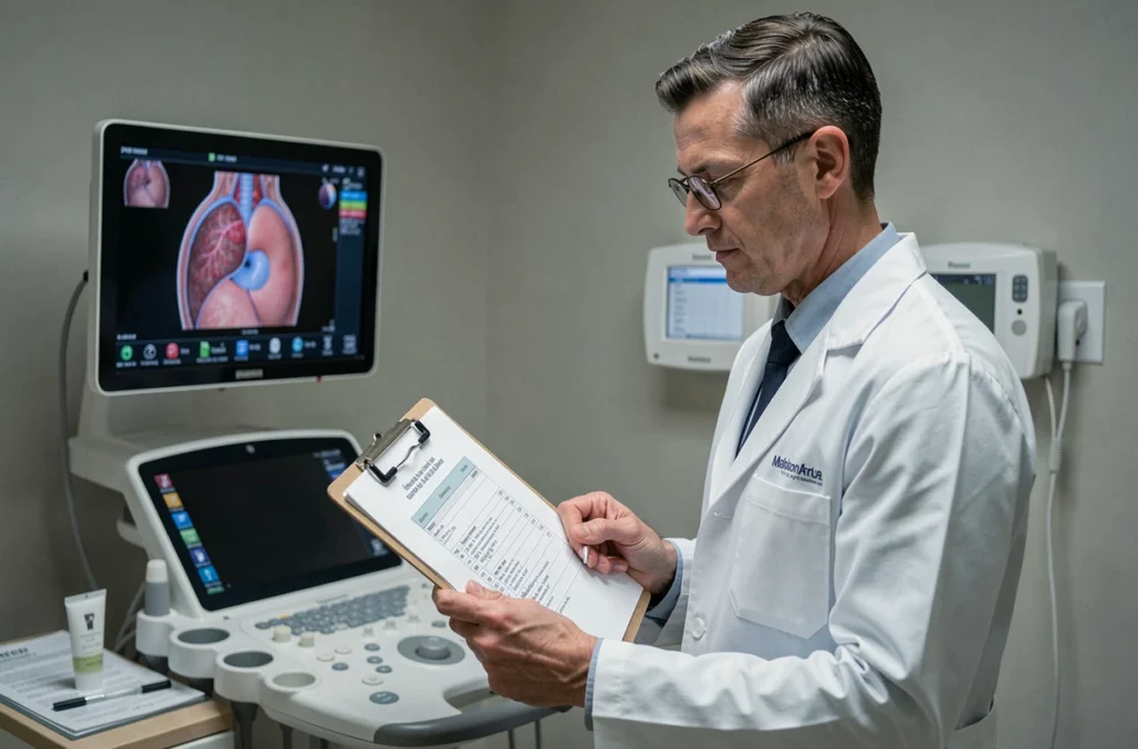 Radiologue consultant un formulaire patient avant de réaliser une échographie abdominale