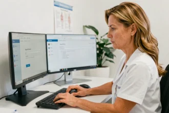 Professionnelle de santé saisissant ses identifiants sur un logiciel de soins sécurisé dans un bureau médical
