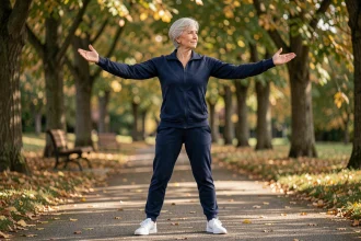 Femme senior pratiquant le tai chi dans un parc en automne, activité physique adaptée pour le bien-être des personnes âgées