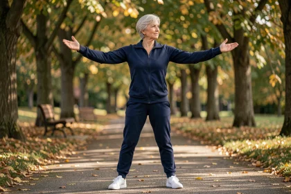 Femme senior pratiquant le tai chi dans un parc en automne, activité physique adaptée pour le bien-être des personnes âgées